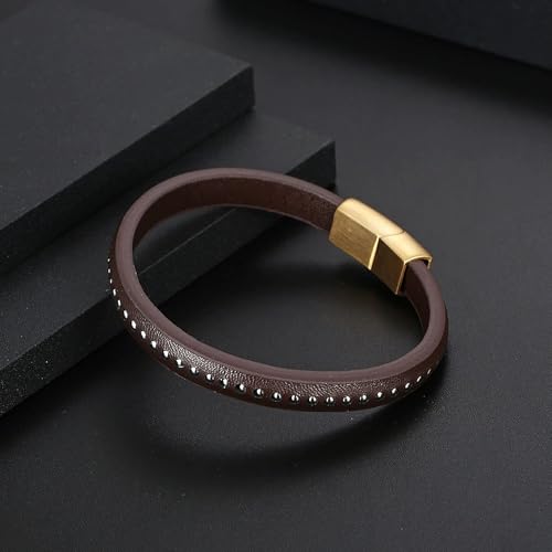 Kim Carrey Italian Handmade Leather Bracelets for Men - color: Thin Brown, size: 8.2"