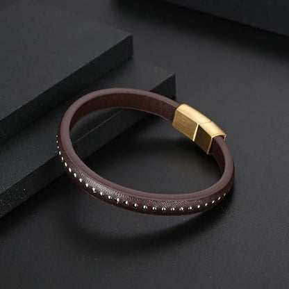 Kim Carrey Italian Handmade Leather Bracelets for Men - color: Thin Brown, size: 8.2"
