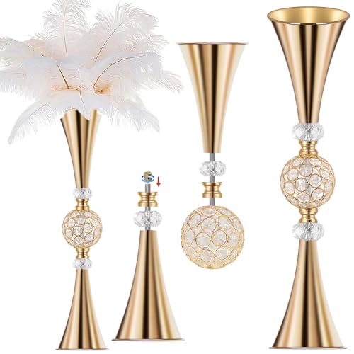 VIJIV Gold Tall Crystal Flower Vases for Centerpiece - 28'' Large Trumpet Vase for Bouquet Skinny Decorative, Table/Floor Vase Flower Stand for Party Event, Dining Table Décor, Bridal Shower, Wedding - color: Gold, size: Tall-28IN
