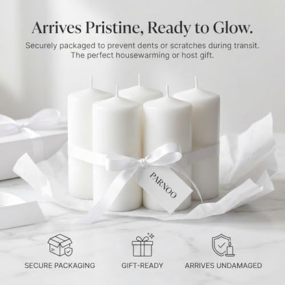Unscented Pillar Candles - Set of 4 Vanilla Candles - 3x6 Slow Burning Candles for Weddings & Table Centerpieces - Large Pillar Candles, PARNOO - color: White