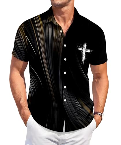 Men's Hawaiian Shirt, Faith and Skull Theme, Short Sleeve Vacation Shirt, Tropical Casual Beach - color: Faith-6, size: 3X-Large