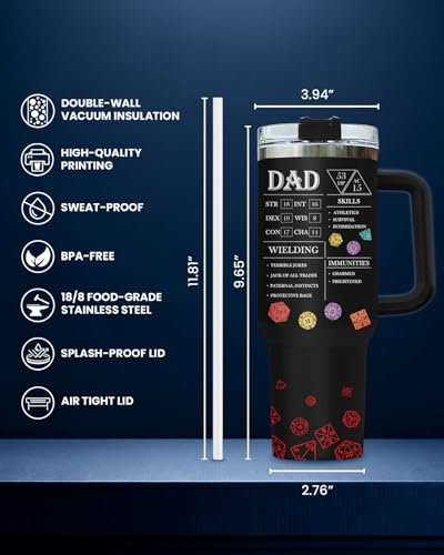 34HD Dad Dungeon Daddy DND 40 oz Tumbler with Handle, Funny Dad Gift - color: Dungeon Dice Daddy