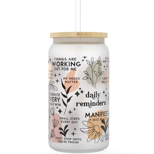 Daily Affirmation Iced Coffee Cup [Frosted], 16 oz Glass Cups with Bamboo Lids and Straws |Mason Jar Drinking & Glass Tumbler with Straw and Lid | Boba Cup, Beer Can for Mental Health - color: Clear