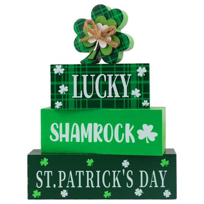4 Pcs St.Patrick's Day Table Signs Lucky Shamrocks Table Centerpieces Wooden Shamrock Block Signs St Patricks Day Decorations Irish Tiered Tray Decor for Home Office Desk Kitchen Shelf - style: St Patricks