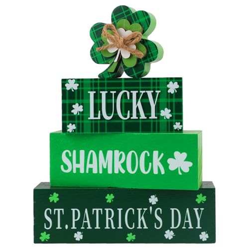 4 Pcs St.Patrick's Day Table Signs Lucky Shamrocks Table Centerpieces Wooden Shamrock Block Signs St Patricks Day Decorations Irish Tiered Tray Decor for Home Office Desk Kitchen Shelf - style: St Patricks