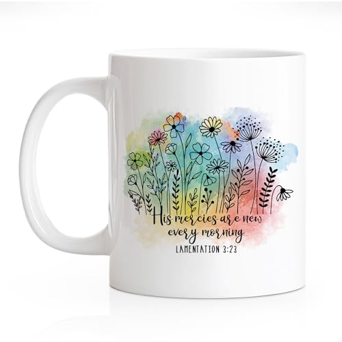 RZHV His Mercies Are New Every Morning Lamentation 3:23 11 Oz Novelty Mug, Funny Flower Coffee Mug for Christians, Bible Verse Encouragement Gifts for Women, Faith Religious Gifts for Men - color: Mercies