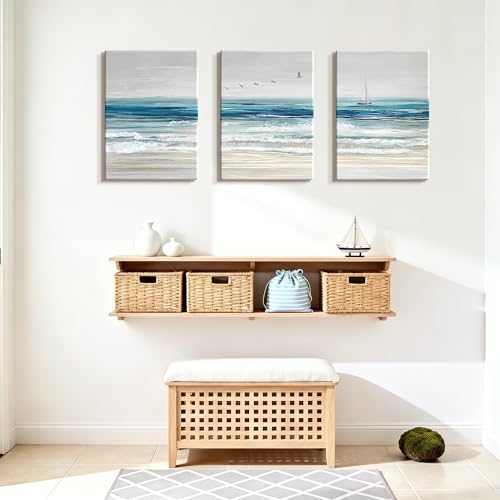 WENGTIAO 3Pcs Abstract Blue Beach Ocean Canvas Wall Art Paintings 12"x16" - color: Abstract Blue Ocean, size: 12"x16"x3Pcs