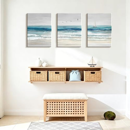 WENGTIAO 3Pcs Abstract Blue Beach Ocean Canvas Wall Art Paintings 12"x16" - color: Abstract Blue Ocean, size: 12"x16"x3Pcs