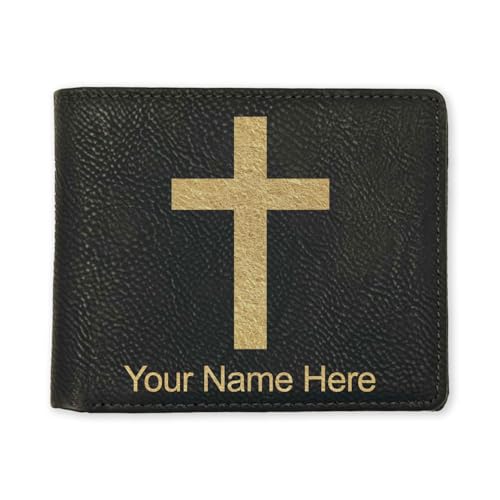 LaserGram Personalized Wallet, Christian Cross (Black/Gold) - color: Black with Gold