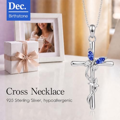 Distance Cross Necklace for Women 925 Sterling Silver Jewelry Pendant Necklace for Mom Wife Gift for Mother's Day or Birthday - style: 12-Blue Topaz