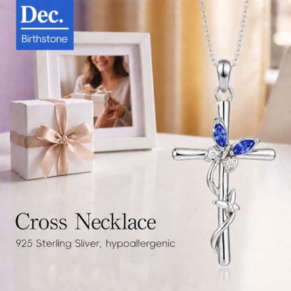 Distance Cross Necklace for Women 925 Sterling Silver Jewelry Pendant Necklace for Mom Wife Gift for Mother's Day or Birthday - style: 12-Blue Topaz