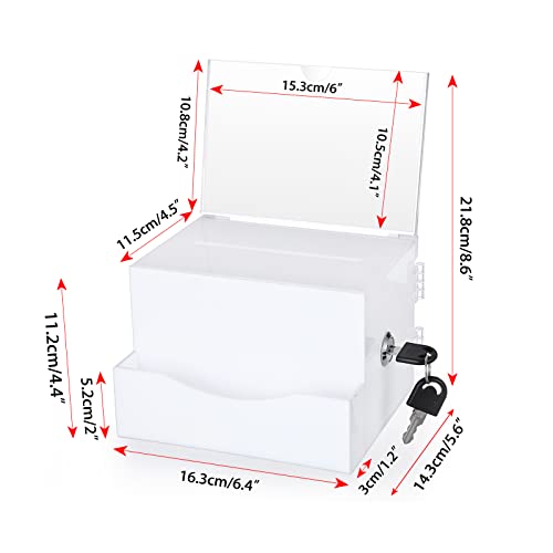 BTSKY Acrylic Suggestion Box with Lock, Acrylic Donation Box with Sign Holder, Office Ballot Box with Pocket Collection Box for Voting Locking Mailbox, Suggestion Box with Removable Sign Slot (White)
