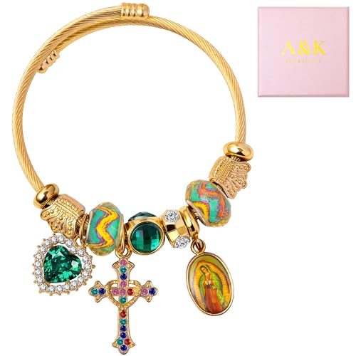 A&K Collections Mothers Day 18K Gold Beads Easter Basket Stuffers Bangle with Rhinestones Pandora Style Trendy Cross Heart Charm Luxury Adjustable Bracelet for Women Teen Girl Gifts Trendy Stuff Religious Jewelry - color: 18K GOLD/Green Charms