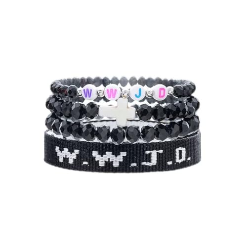WWJD Bracelets Set WWJD Wristbands Christian Cross Bracelet Stackable Clay Bead Bracelets Stretch Glass Beaded Inspirational Christian Jewelry Gift for Couples Women Men - color: 4 Pcs Black