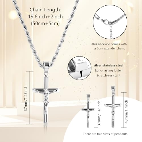 ALEXCRAFT Sterling Silver Plated Cross Necklace for Men Gold Plated Cross Necklaces for Women Trendy Stainless Steel Crucifix Pendant with 3mm 21inch Rope Chain - color: Silver-19.6in