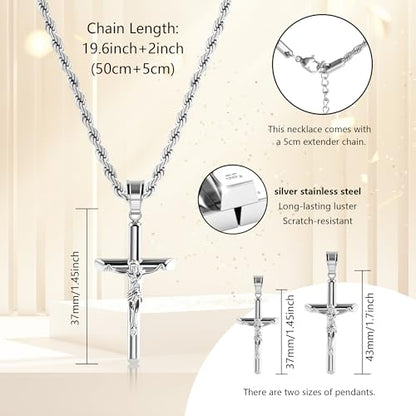 ALEXCRAFT Sterling Silver Plated Cross Necklace for Men Gold Plated Cross Necklaces for Women Trendy Stainless Steel Crucifix Pendant with 3mm 21inch Rope Chain - color: Silver-19.6in