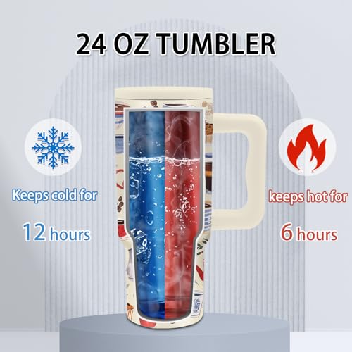 Gifts for Women - 24 oz Tumbler with Handle and Straw - Insulated Stainless Steel Cup, Leakproof, Cute Teapot Dessert Coffee Design Travel Mug, BPA Free, Fits Car Cup Holders, Keeps Drinks Cold/Hot - color: Coffee