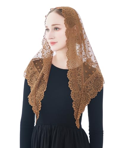 Wgior Triangle Vintage Inspired Lace Chapel Veils Catholic Mass Head Covering Scarf Mantilla Veils for Church - color: Brown