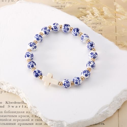 Cross Bracelet for Women - Christian Cross Beaded Bracelet Religious Jewelry for Women, Catholic Confirmation Gifts Inspirational Stretch with Charm, Meaningful Confirmation Jewelry Gifts - color: Blue