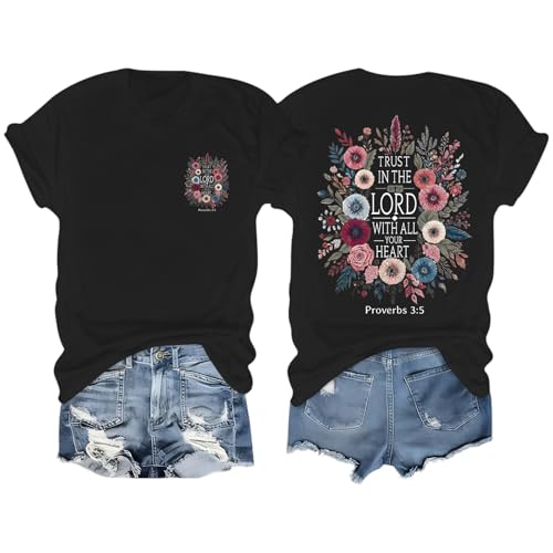 Christian Shirts for Women Trust in The Lord Graphic Tees Boho Floral Shirt Jesus Bible Verse Faith Summer Tshirts - color: Black, size: Small