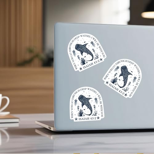 3 Pcs When You Go Through Deep Waters I Will Be with You Bible Verse Stickers, Isaiah 43:2 Christian Faith Ocean Whale Illustration Stickers Die-Cut Waterproof for Laptop, Water Bottle, Phone - size: 2 inch