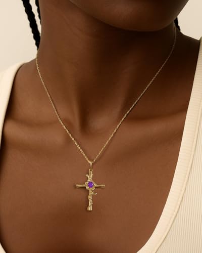 Birthstone Cross Pendant Necklace for Women, Solid 925 Sterling Silver Base