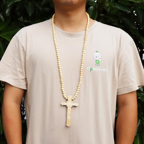 Wooden Cross Necklace For Men Beads Rosary Long Large Natural Wood Jesus Crucifix Cross Pendant Necklace 36inch Chain Religious Christian Prayer Faith Baptism Easter Handmade Jewelry - color: Khaki