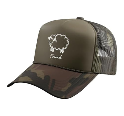 Found Minimalist Sheep Christian Psalm 23 Lamb Christian Trucker Hat with Adjustable Mesh Back - color: Camo Green