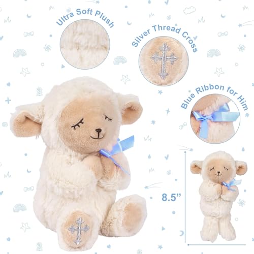 MyMateZoe Baptism Gifts for Boys, Great Christening, Dedication and Baptism Gift Set for Boys and Newborn Baby, Includes 7" Praying Lamb Plush Toy and Let Us Pray Baby Book in Keepsake Gift Box - color: Blue-lamb