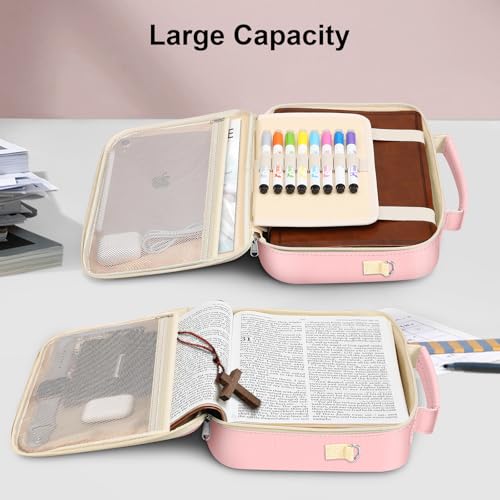 FINPAC Bible Cover with Shoulder Strap, Church Book Carrying Bible Case Bag - color: Letter Pink