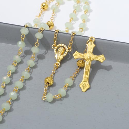 KOMI Crystal Rosary Beads with Jesus Crucifix, Catholic Necklace for Women First Communion Rosarios Wedding Rosary with Velvet Bag - style: 6MM-green-2