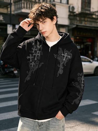 Zip Up Oversized Hoodies Women Men, Graphic Gothic Jackets Cross Hoodie, Baggy Streetwear Fleece Sweater Unisex - color: Black2, size: XX-Large