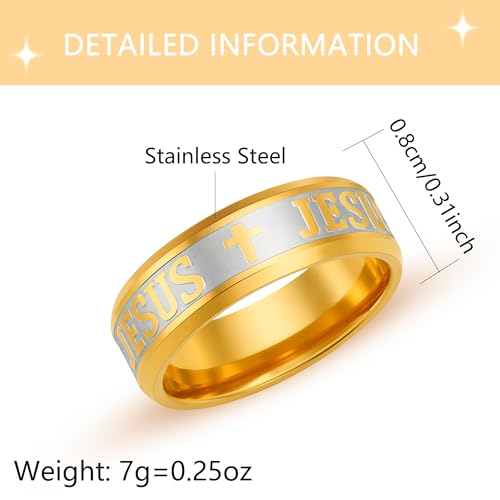 Uloveido Stainless Steel JESUS Cross Ring - Christian Faith Scripture Jewelry for Men - 8mm Comfort Fit Wedding Cross Band Durable Polished - color: Gold