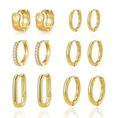 18K Gold Plated Hoop Earrings for Women, NICKEL-FREE & HYPOALLERGENIC, Timeless Jewelry Gift - color: Gold-6pcsA