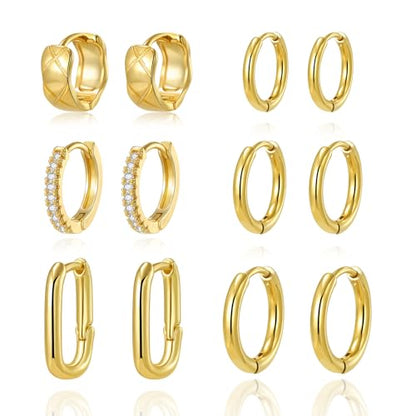 18K Gold Plated Hoop Earrings for Women, NICKEL-FREE & HYPOALLERGENIC, Timeless Jewelry Gift - color: Gold-6pcsA