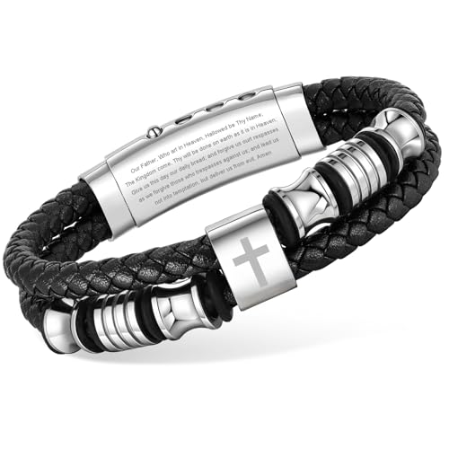 Christian Silver Leather Bracelet for Men - Double-Row Braided Leather Faith Cross Bracelets Bangle Religious Baptism Inspirational Bible Verse Jewelry Gift for Men, Adjustable Wristband 7.5"-8.6" - color: Black-Lord's Prayer