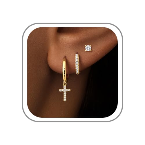 Turandoss Gold Earrings Stack for Women Teen Girls, 14K Gold Plated - color: Cross Earring（Gold）