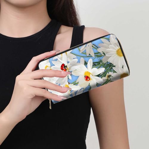 Daisy Flowers and Ladybug Print Wallet for Women Large Capacity Wallet Credit Card Holder PU Leather Zipper Clutch Purse Phone Wallet - color: Daisy Flowers and Ladybug
