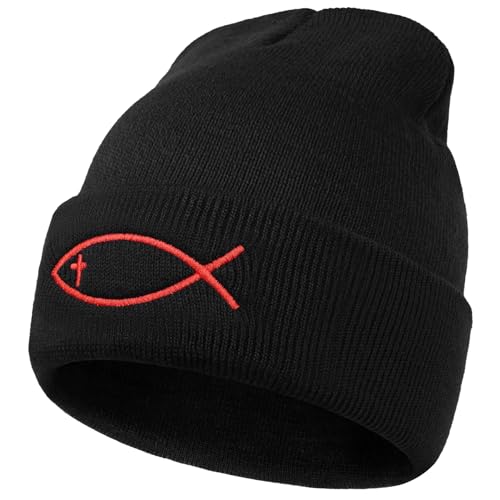 Christian Jesus Fish Beanie Hat for Men Women, Cuffed Beanie Jesus Hats, Religious Gifts for Christmas, New Years - color: Black, style: Cross Fish