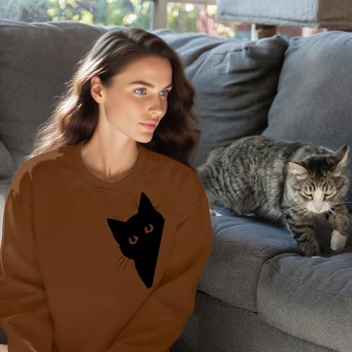 Cat Sweatshirts for Women Graphic Print Sweatshirt Funny Long Sleeve Shirt Cute Pullover Lightweight Hoodie Tops - color: Brown, size: Medium