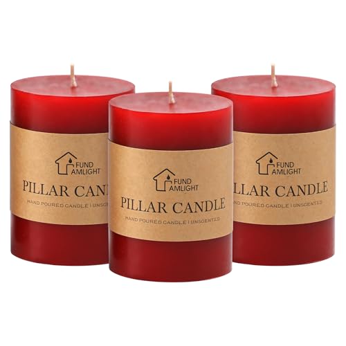 3x4 Inch Red Pillar Candles Set of 3 - Decorative Unscented Pillar Candle - color: Red, size: 3x4