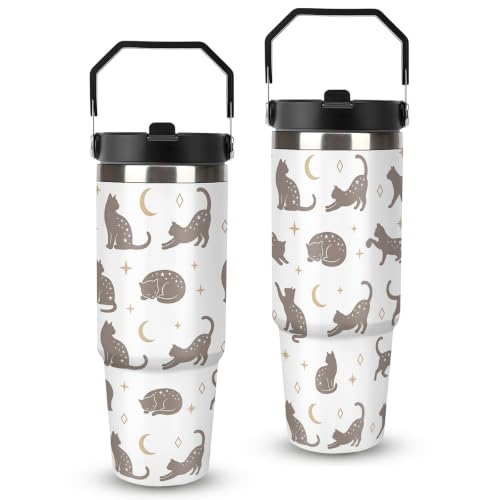 30 oz Cat Travel Mug with Handle and Straw, Cute Aesthetic Kitten Pattern Stainless Steel Vacuum Insulated Tumbler, Water Bottle, Funny Cat Lover Gifts for Women - color: cat travel mug