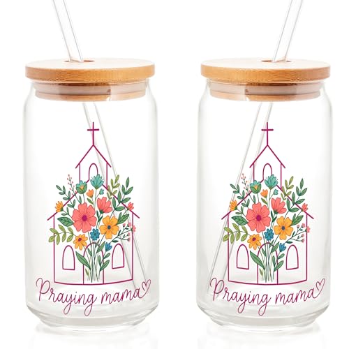 Praying Mama Floral Christian Glass Cups With Wood Lids And Straws, Women Of The Bible Glass Tumbler, Glass Can With Design, Mothers Day Gift Glass Cup, Bridal Party Gifts, Mom Iced Coffee Mug