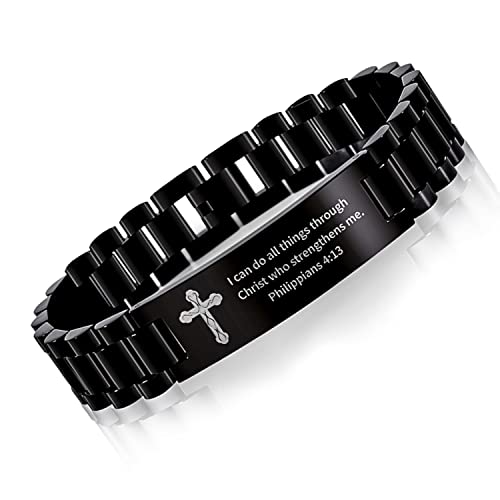 Religious Quote Faith Christian Bible Verse Bracelet, Stainless Steel Jesus Cross Encouragement Bracelet, Inspirational Wristband for Men - style: I can do all things