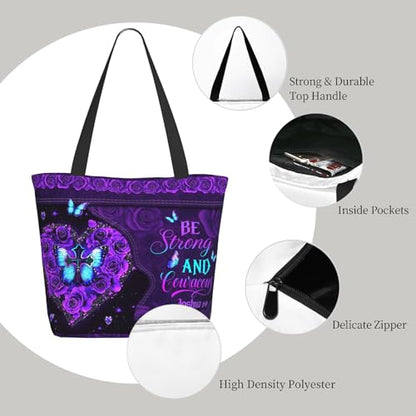 Christian Gifts Reusable Shopping Tote Bag Zippered Inspirational Tote Bags for Women Bible Verse Shoulder Bag - color: Be Strong