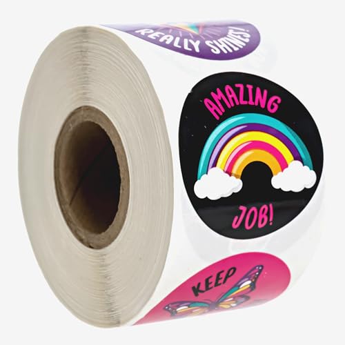 Cute Rainbow Unicorn Teacher Stickers / 500 Motivational Illustrated Worksheet Rewards / 8 Alternating Encouraging Classroom Phrase Designs / 1.5" Mermaid Ice Cream Award Sticker Roll - color: Cute Rainbow Unicorn