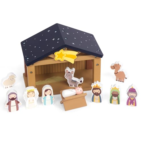 WOODENFUN Toy Nativity Set for Kids，Wooden Christmas Nativity Scene Miniature Holy Family Figurines Gifts for Children Boys Girls 3+ Years Old