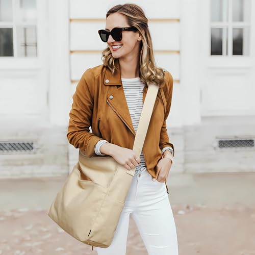 KALIDI Canvas Tote Bag Zipper Large Crossbody Shoulder Bag Messenger Bag - color: Beige