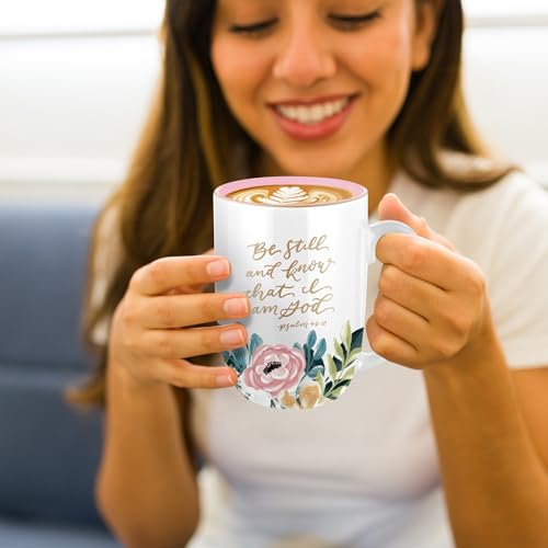Christian Art Gifts Large Ceramic Coffee Mug: Psalm 46:10 Bible Verse - color: Be Still/White & Pink Floral
