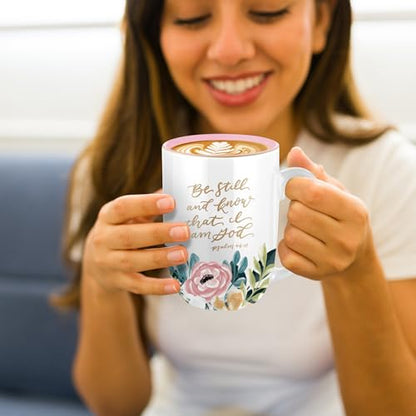 Christian Art Gifts Large Ceramic Coffee Mug: Psalm 46:10 Bible Verse - color: Be Still/White & Pink Floral